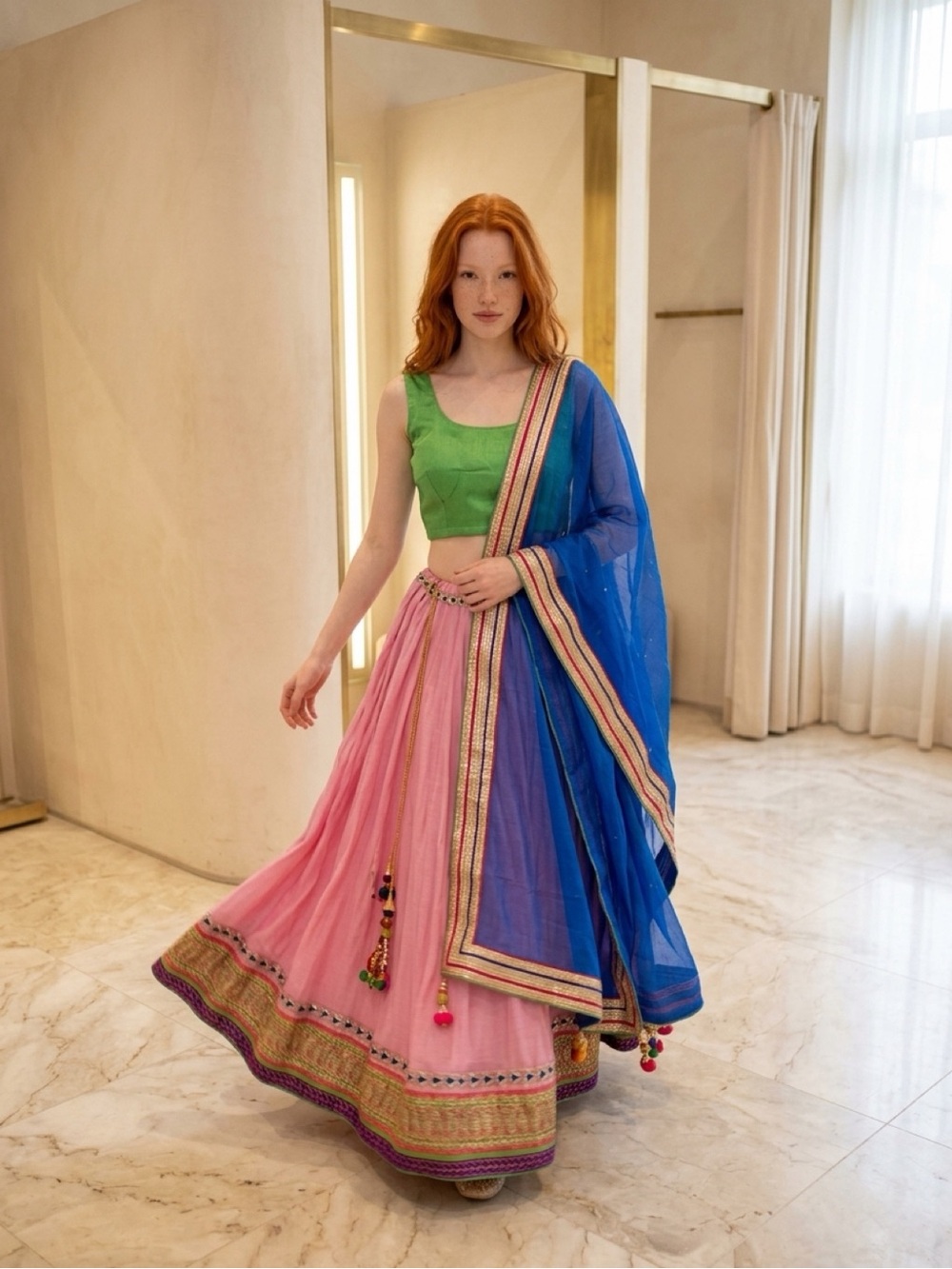 Pink & Blue Lehenga with Green off shoulder blouse- Garba outfit
